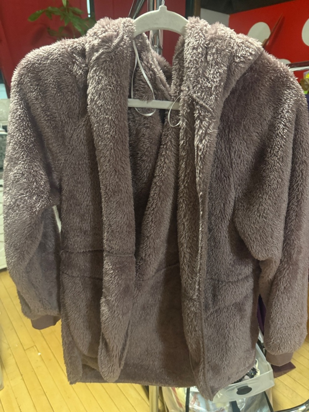 Women’s  Plush Hooded Coat - Soft Taupe/Purple